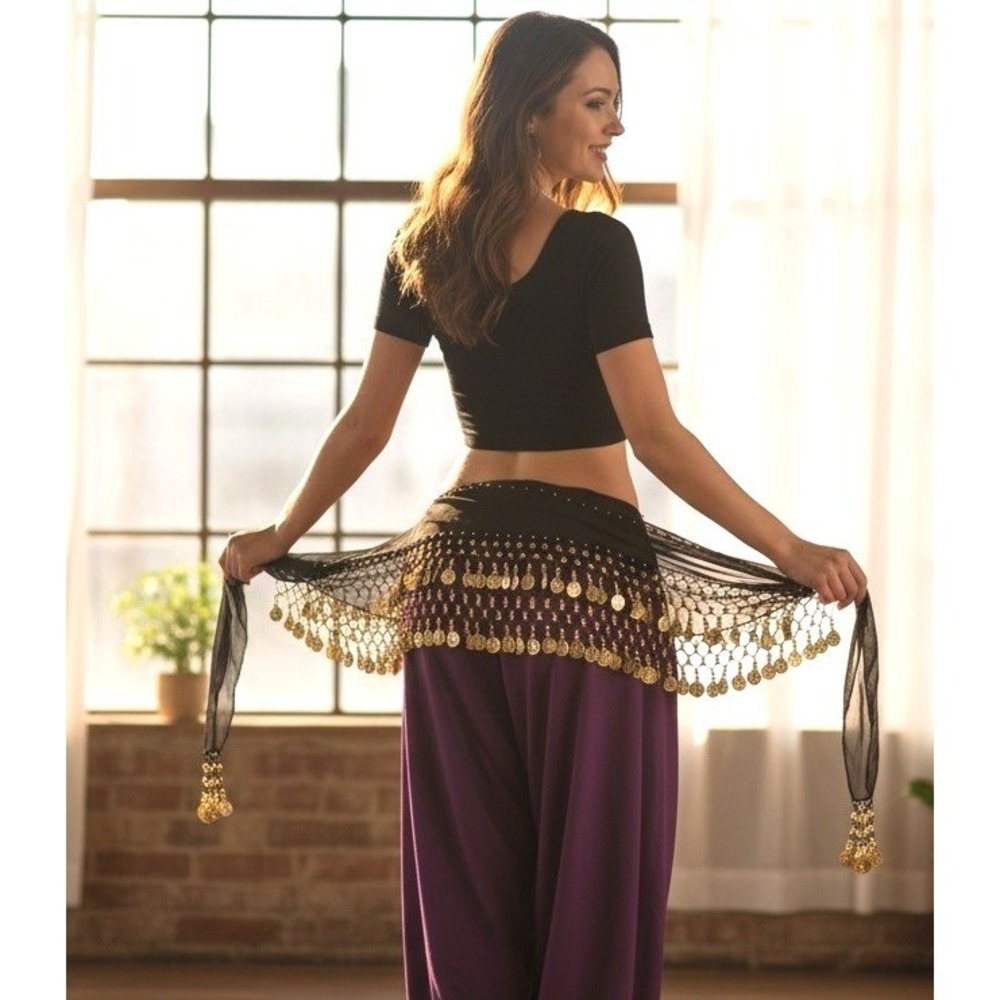 Belly Dance Hip Shimmy Scarf One Size Black Gold Coin Mesh Wrap Belt 58"